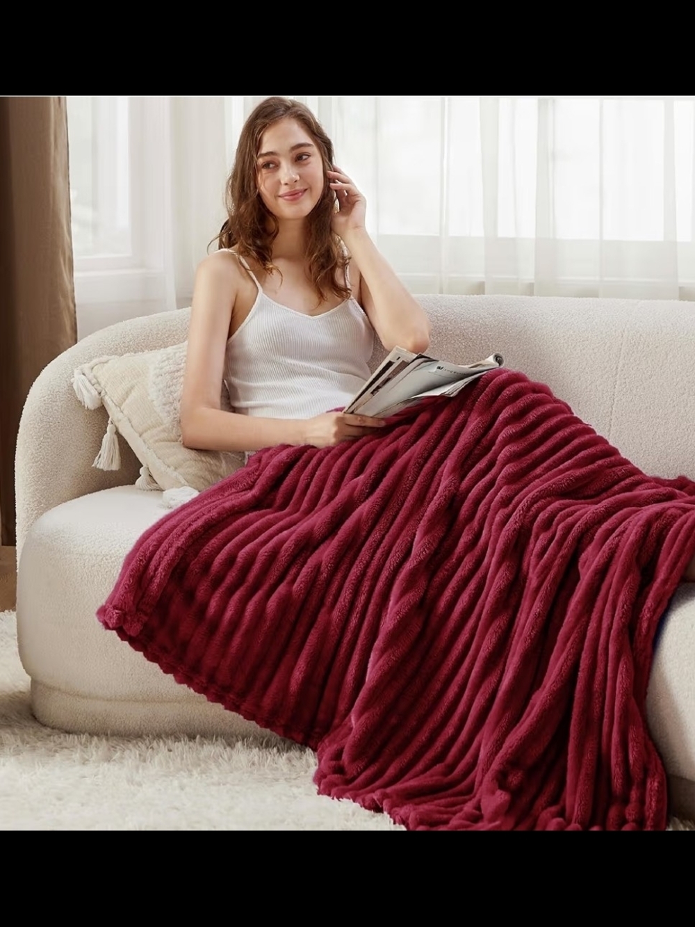 Bedsure Plush Ribbed Throw Blanket - Burgundy - Picture 5 of 8